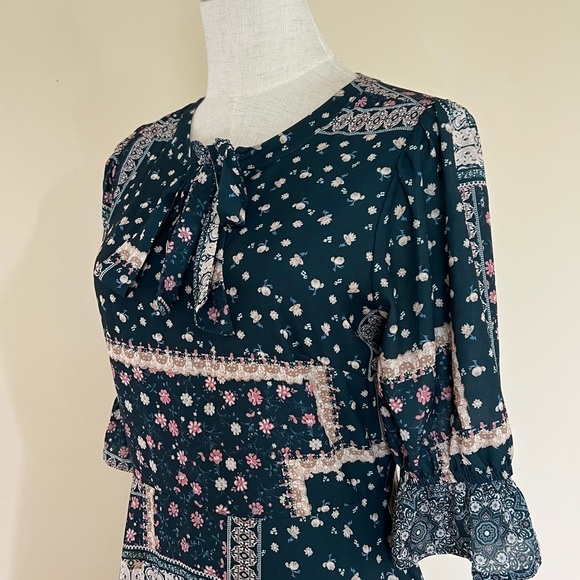 CHELSEA28 Green Blue Floral Patchwork Midi Dress Size Small - Picture 3 of 11